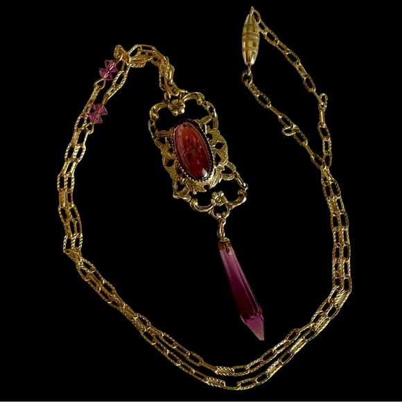 Vintage Art Deco Amethyst Glass and Goldtone Necklace - Picture 2 of 6